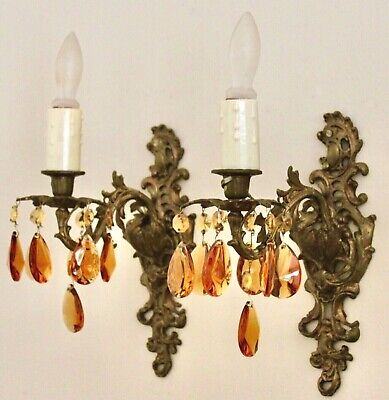 Two VTG French Rococo Bronze with Amber Crystal Prisms  Wall Light Sconces 11"