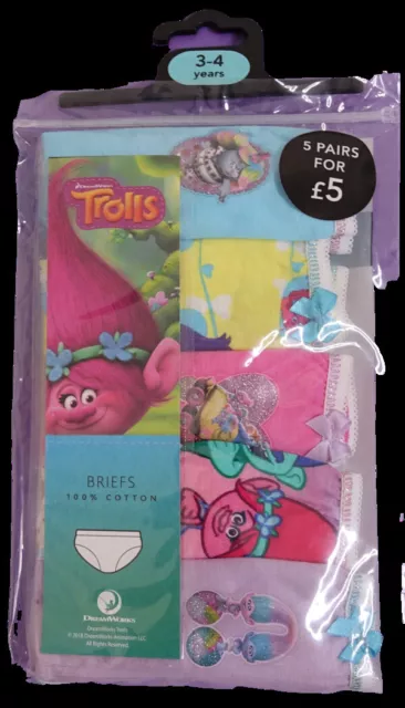 5 Pack Girls Briefs Trolls Design  -Ages 2/3 - 13/14 Years Pretty Colours