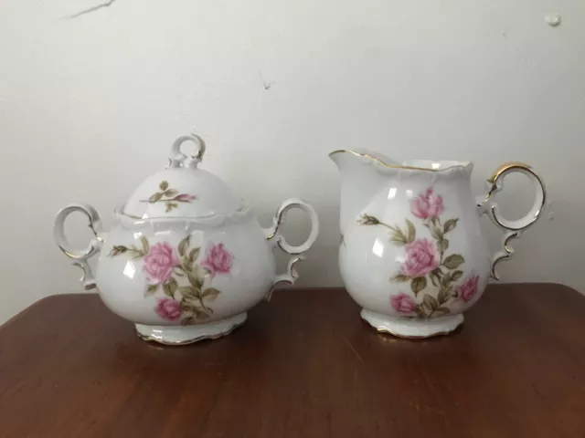 Vtg Mikasa Rosetta Japan Fine China Creamer Sugar Bowl With Lid Roses Gold Trim