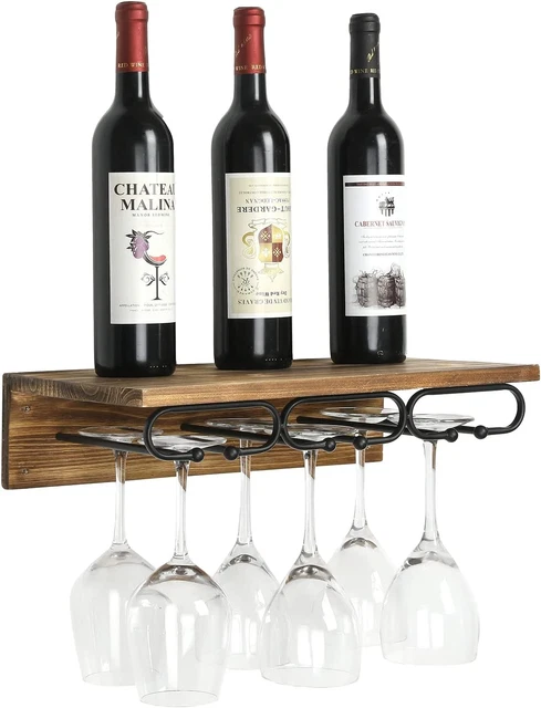 Burnt Wood Wall Mounted Floating Shelf with Black Metal Wine Glass Holder Rack