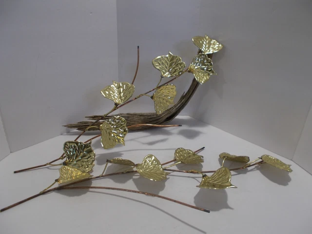 Vtg Set of 2 Brass Copper Stem Metal Wall Hanging Home Interior Leaf Sprays 19.5