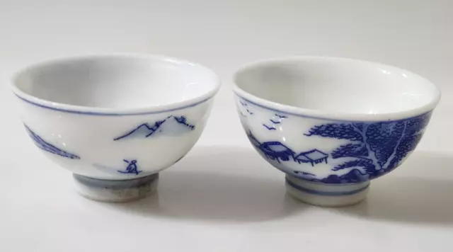 Vintage Japanese Sake Cups Set Of 2 Village Mountain Scenery Blue and White