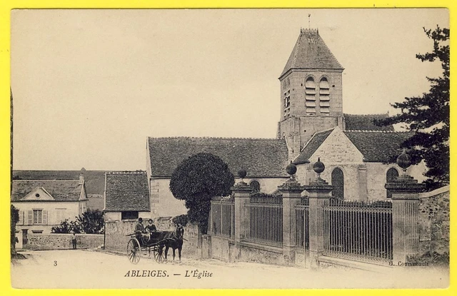 cpa 95 - ABLEIGES (Val d'Oise) L' ÉGLISE du VILLAGE Animée Attelage Calèche