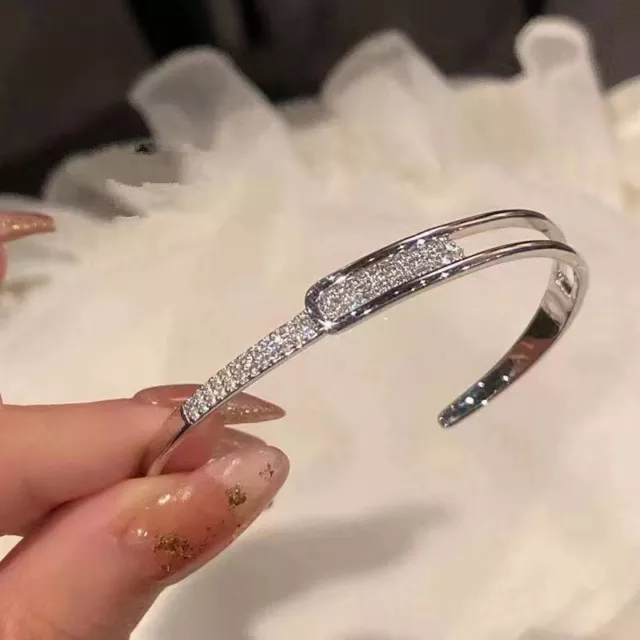 925 Silver Zircon Sparking Bracelet Cuff Bangle Women Gift Adjustable Jewelry
