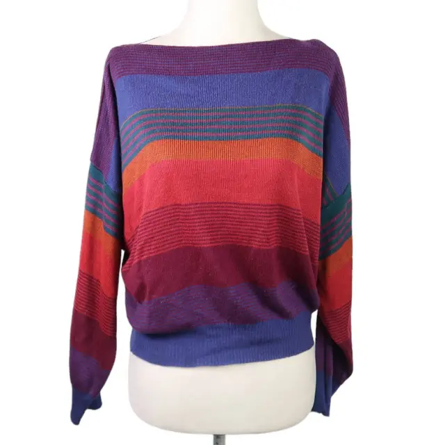 Vintage 80s Shadows blue orange red striped knit dolman sleeve sweater