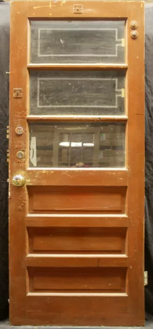 32"x79" Antique Vintage Old SOLID Wood Wooden Entry Door 3 Window Glass 3 Panels