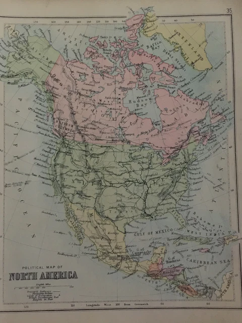 ANTIQUE POLITICAL MAP Of North America United States World Map Dated ...