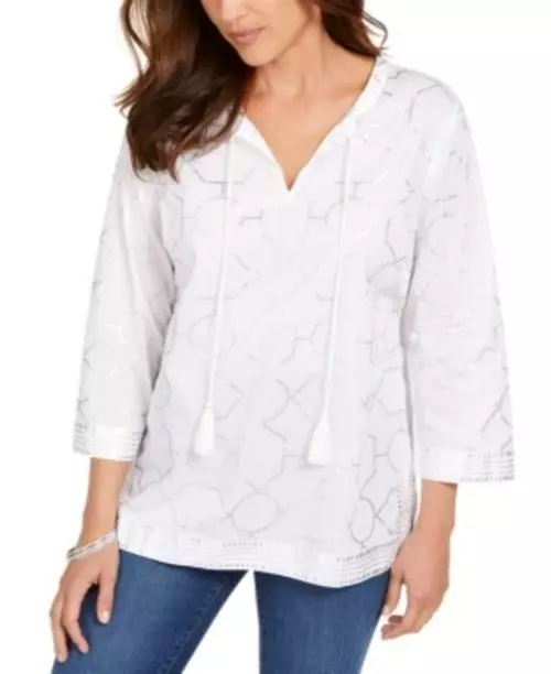 MSRP $70 Charter Club Foil-Print Linen Top White Size XL