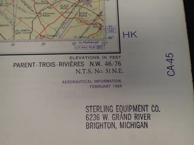 Vint. PARENT-TROIS-RIVIERES Sectional Aeronautical Aviation Chart Map CA45 1965 2