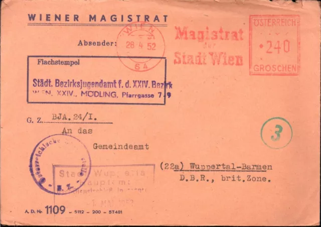 Österreich Brief 1952 Zensur Wiener Magistrat Wien 28.4.1952 nach Wuppertal