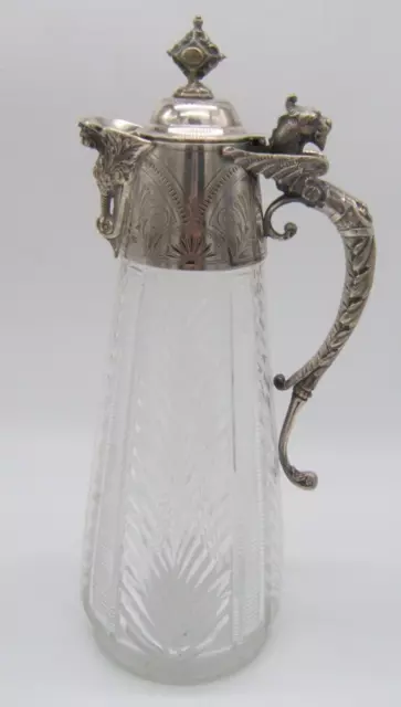 Antique Silverplate & Cut Glass Claret Jug With Faces