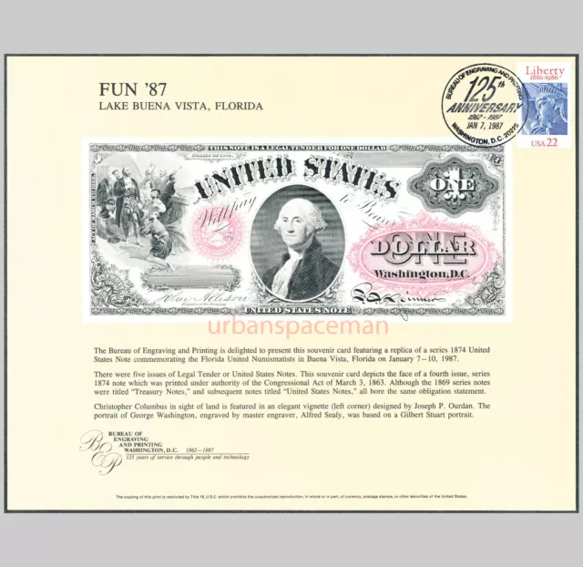 B102 FUN '87 BEP Souvenir Card $1 Legal Tender Note 1874 Washington VisCen Cxl