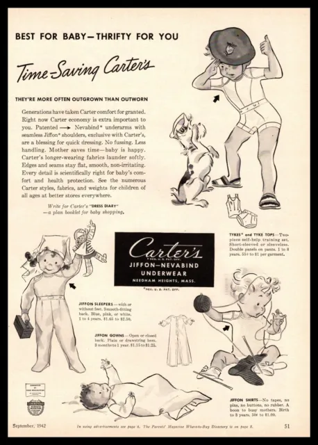 1942 Carter's Jiffon Nevabind Kids Underwear Needham Heights MA Vintage Print Ad