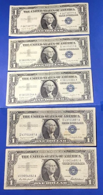 1957-1957B $1 Blue SILVER Certificates! X0777 Set of 5! Lower Grade! Currency!