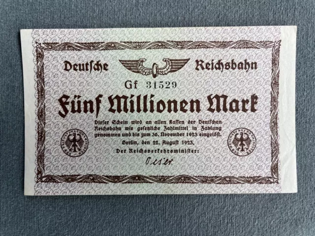 Banknote / Gutschein / Dt. Reichsbahn Inflation, 5 Mio. Mark, 22. Aug. 1923