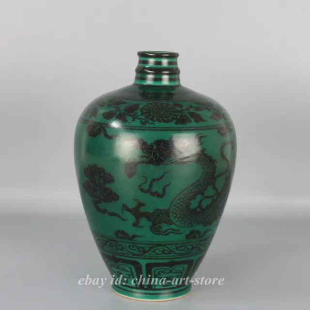 8.3" Ceramics Porcelain Malachite Green Glaze Dragon Pattern Plum Vase Bottle