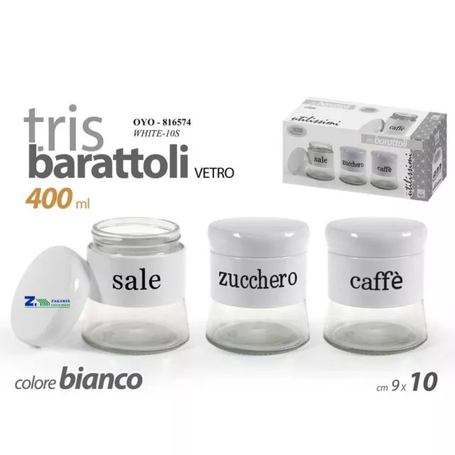 SET 3 TRIS BARATTOLI CUCINA VETRO SALE ZUCCHERO CAFFE' BIANCO 400ml OYO-816574