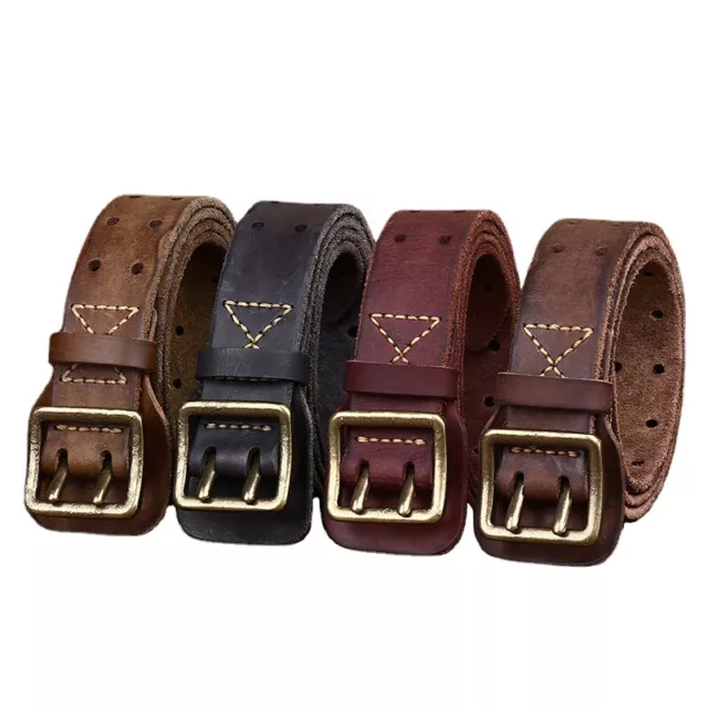 Mens Genuine Leather Double Prong Belt 38mm Retro Distressed Brass Buckle