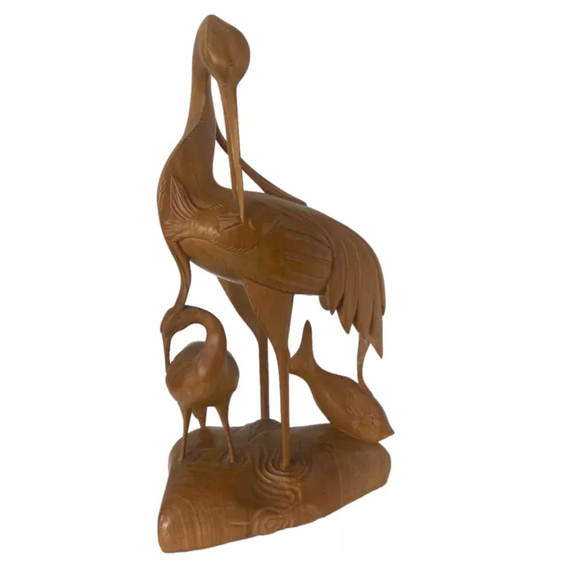 Balinese Hand Carved Wooden Sculpture of Heron and Baby Catching Fish