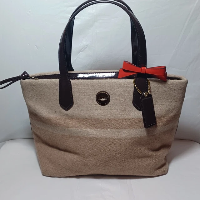 COACH F24786 Wool Blend Signature Stripe Tote Two Tone Tan w/ Brown Patent Trim