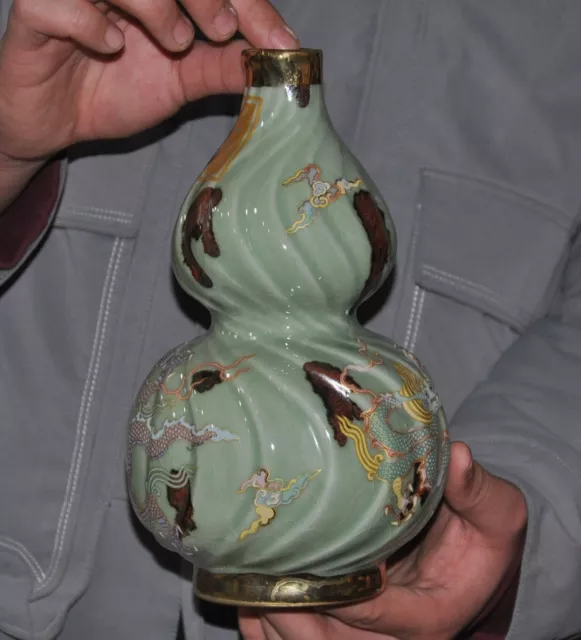 9.4" old Ru kiln porcelain painting dragon calabash Zun Cup Bottle Pot Vase Jar 3