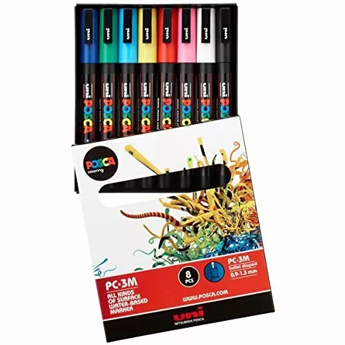 uni-ball POSCA (186508) PC3M Marker mit feiner Rundspitze, 8er Set, Grundfarben