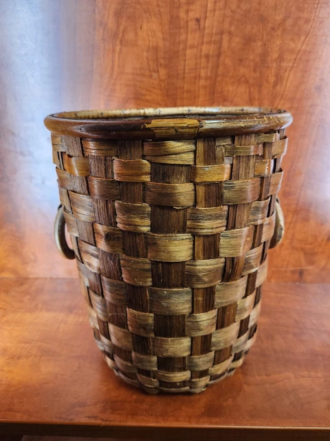 Vintage Antique Hand Woven Wooden Waste Bin Trash Basket With Carved Handles