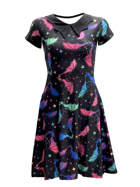 Ladies Multicoloured Galaxy Bats Stars Print Rockabilly Collar Swing Dress