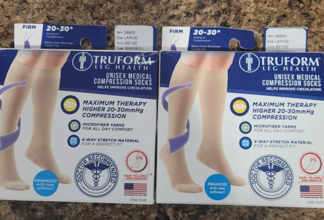 Truform 20-30 mmHg Compression Stockings Below Knee Closed Toe Large Lot of 2