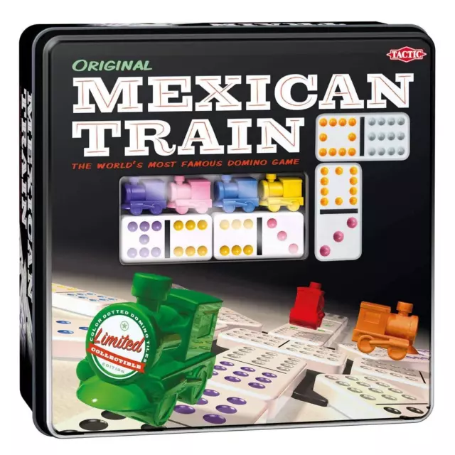 Tactic - 54005 - Mexican Train - 91 Dominoes - 8 Players - Metal Box (assorted)