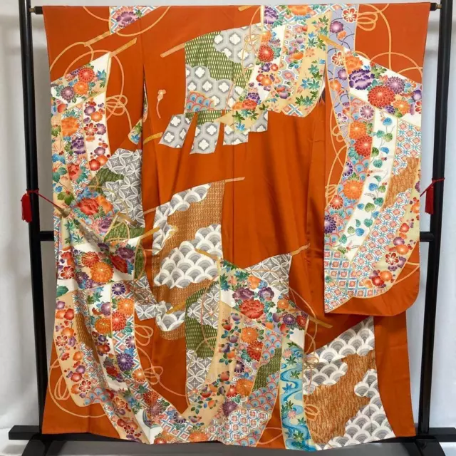 9309# Kimono giapponese vintage in pura seta Furisode Robe Ricamo tradizionale