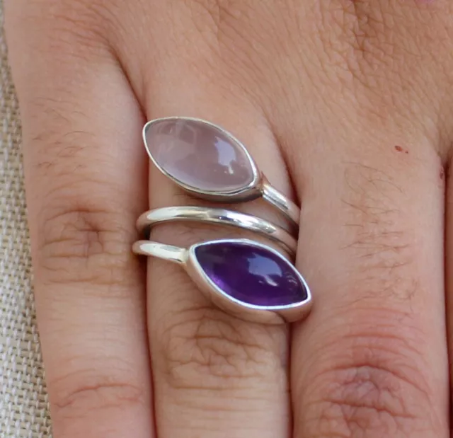 Amethyst & Rose Quartz Gemstone 925 Solid Sterling Silver Ring US Sizes RKG111