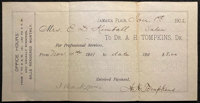 1902 Dr A. H. Tompkins Jamaica Plain Boston Receipt+Notable: Mrs. E. D. Kimball!