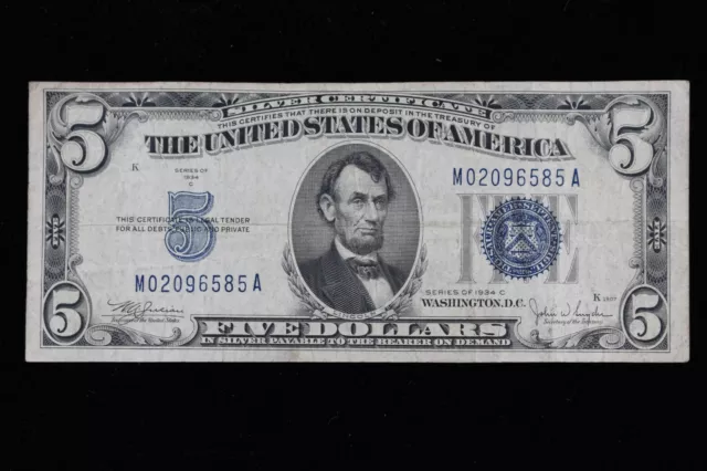 $5 1934C blue seal Silver Certificate Circulated M02096585A Exact Note Shown