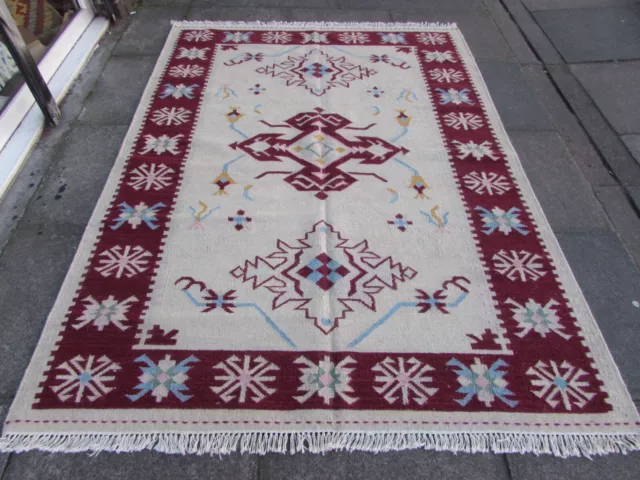 Alter traditioneller handgefertigter orientalischer indischer Kilim cremeweiß Wolle Kilim 224x162cm