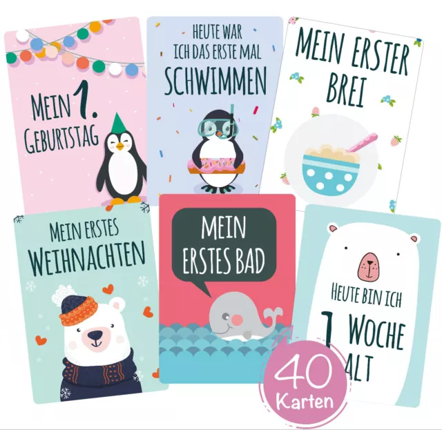 40 Meilensteinkarten Baby für Mädchen & Jungen Geschenk Geburt Babyparty Taufe