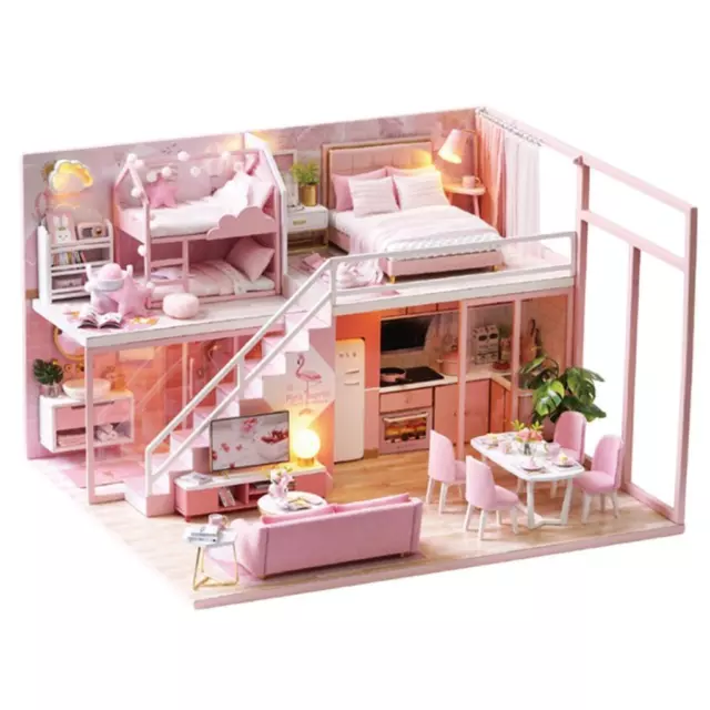 Montage 1/24 Holz zum Selbermachen Puppenhaus Kit Das Schlafzimmer rosa mit 3