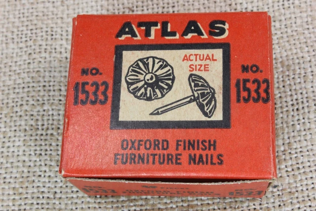 30 Vintage 7/16” Furniture Nails Brass Oxford Finish Tacks Daisy Heads 1 Box USA 2