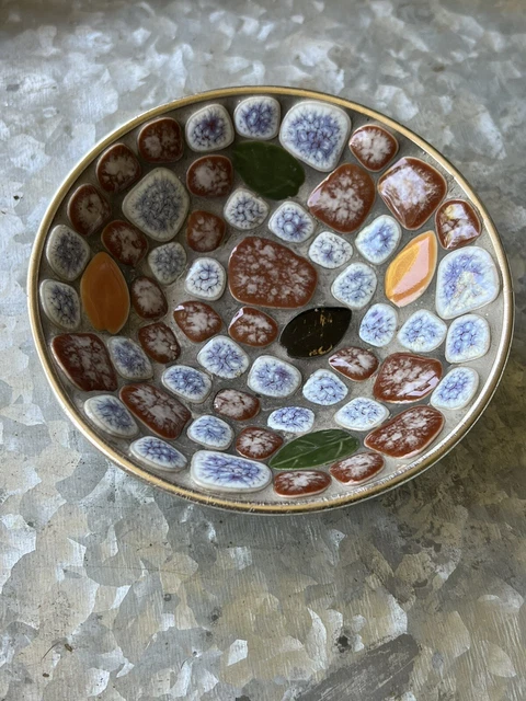 Vintage MOSAIC CERAMIC Stone Pebble INLAY Tile BOWL Dish Gold Rim 1960's 5" Diam
