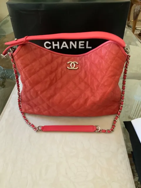 $3200 Chanel Red French Riviera Hobo Shoulder Bag Handbag Quilted Caviar Leather