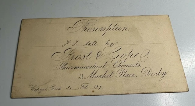 Antique Prescription Envelope  Frost & Cope Chemists Derby  mr J Hall
