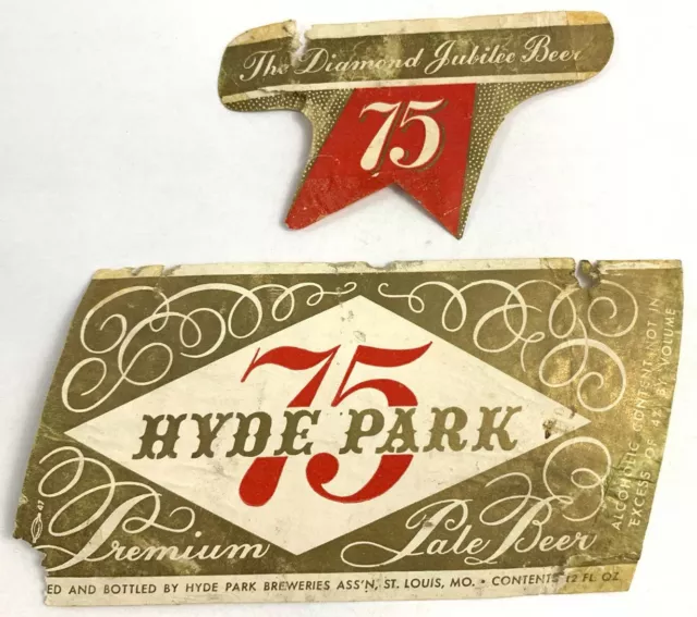 Vintage 75 Hyde Park Breweries Beer Label St Louis Missouri & Neckband Diamond