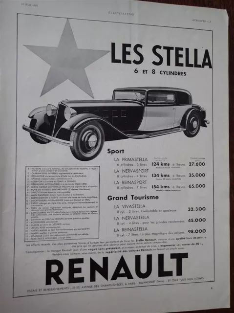 RENAULT STELLA automobile 215 + ESSO publicité papier ILLUSTRATION 1933