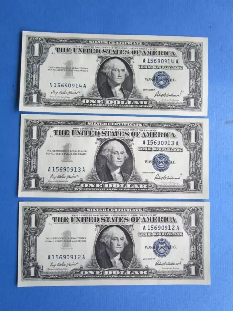 3 x USA 1957 One $1 Dollar  Blue Seal , Silver Certificate  CONSECUTIVE  UNC