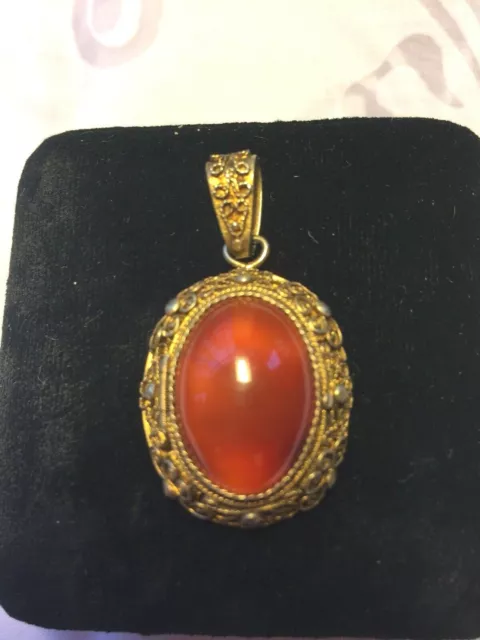 Antique Chinese Export Silver Gold Gilt Enamel Filigree Carnelian Pendant Locket