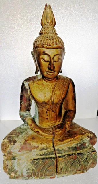 1900s Buddha Statue Wood throne seated tall Crown Burmese Shan-Tai Yai style