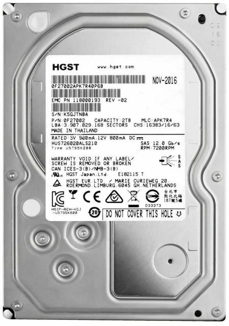 HGST HUS726020ALS210 2TB 7.2K SAS 3.5"" 12Gbps Rigid Zero-Hour Player ...