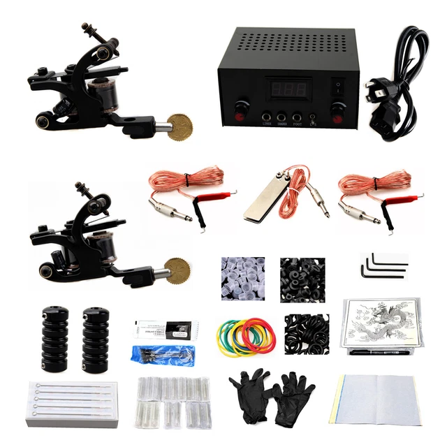 Tattoo Complete Kit Coils Tattoo Machines Grip Needles Tips Power Supply Cord