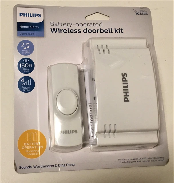 PHILIPS WIRELESS DOOR DOORBELL KIT / CHIME PUSH BUTTON 2SOUNDS Battery