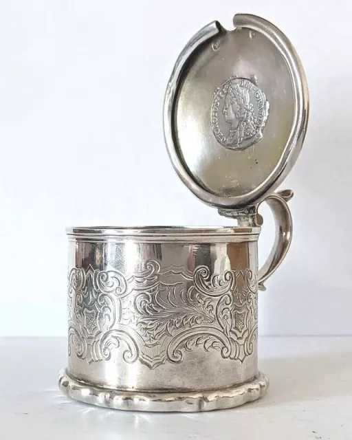 1838 EDINBURGH SOLID SILVER LARGE MUSTARD POT / 1745 George II Shilling Insert